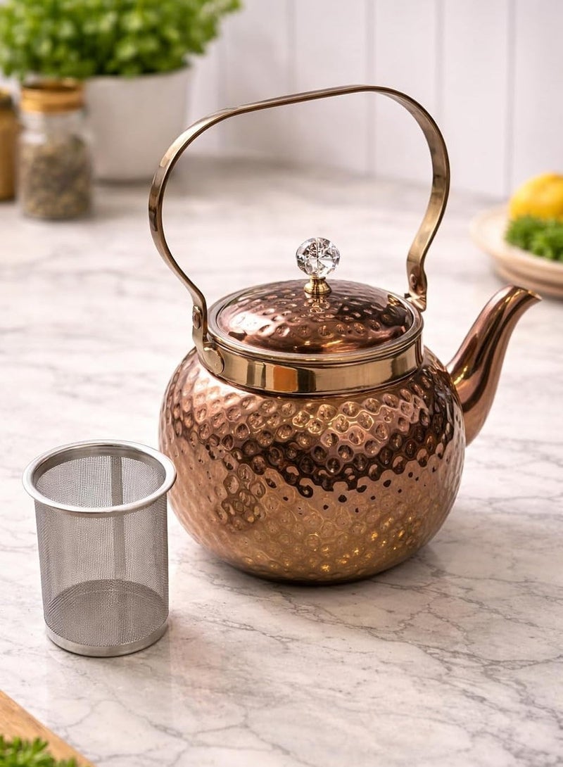Hammered Copper Stainless Steel Tea Kettle with Removable Infuser, 1.6 L, Stovetop Safe, Serves 5 to 6 Cups - Image 1