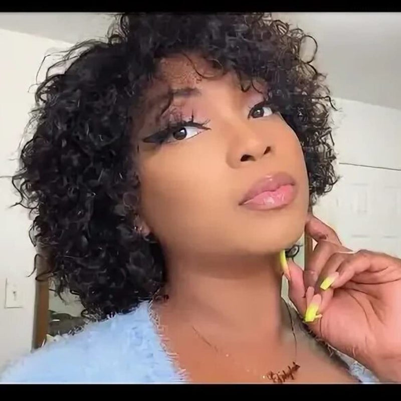 UDU Short Curly Human Hair Wigs For Black Women Short Curly Wigs Human Hair Non Lace Glueless Wig with Bangs Side Part Wigs Nature Black