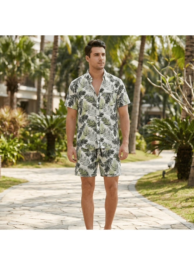 IceZone Men's 2 Piece Matching Set, Palm Safari Tropical Leaf Print, Short Sleeve Button Up Shirt & Quick Dry Swim Shorts, Summer Beach Outfit - Image 1