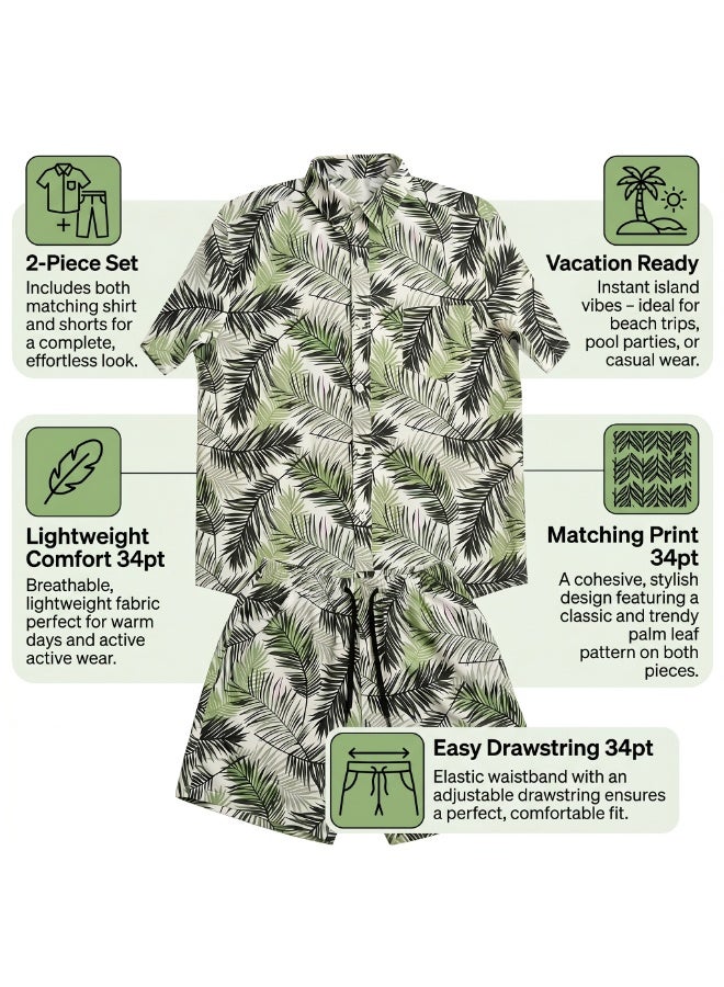 IceZone Men's 2 Piece Matching Set, Palm Safari Tropical Leaf Print, Short Sleeve Button Up Shirt & Quick Dry Swim Shorts, Summer Beach Outfit - Image 2