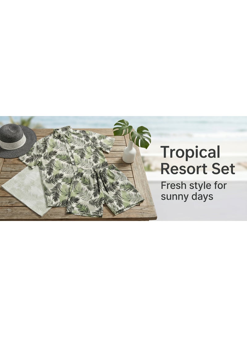 IceZone Men's 2 Piece Matching Set, Palm Safari Tropical Leaf Print, Short Sleeve Button Up Shirt & Quick Dry Swim Shorts, Summer Beach Outfit - Image 4