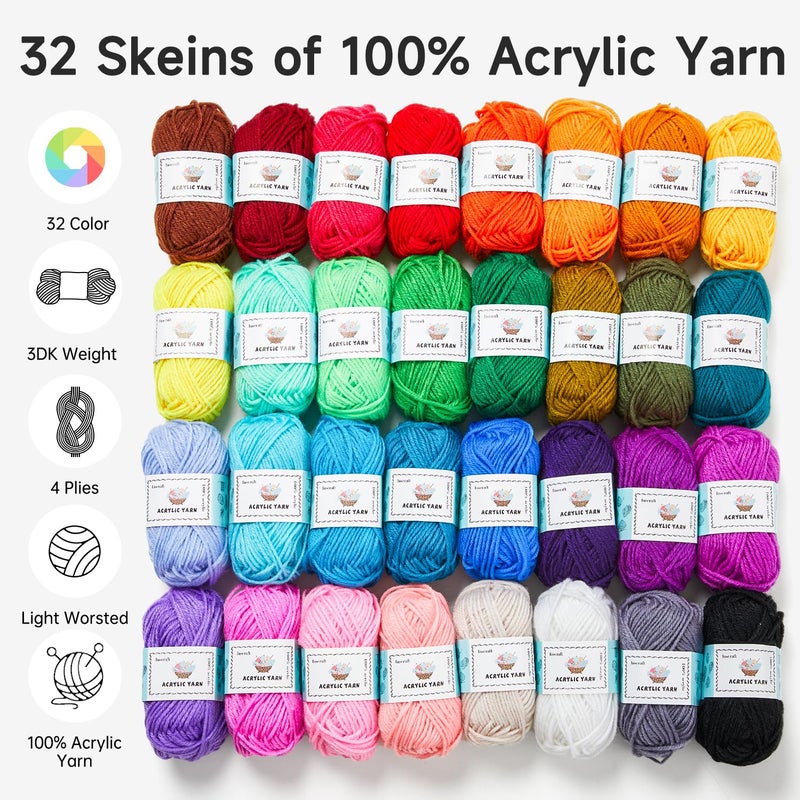 Inscraft Crochet Yarn Kit for Beginners, 1440 Yards 32 Colors Acrylic Yarn Skeins, 2 Crochet Hooks, 2 Weaving Needles, 4 Stitch Markers, 1 Bag, for Crocheting & Knitting, Gift for Adults - Image 3
