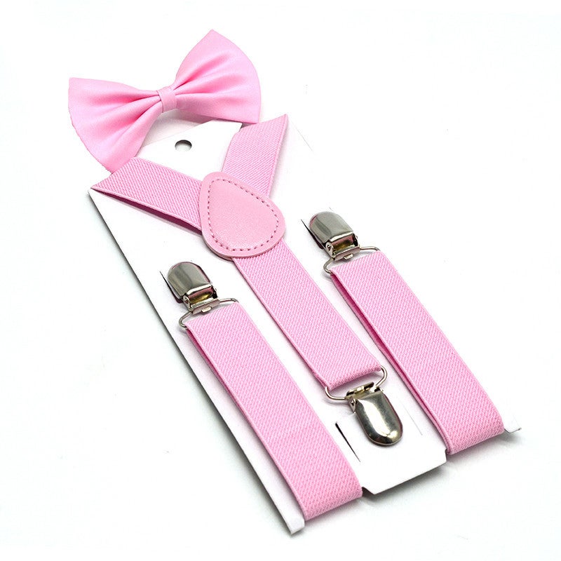 Kids Unisex Solid Y-Back Suspenders Bowtie Set Pink 