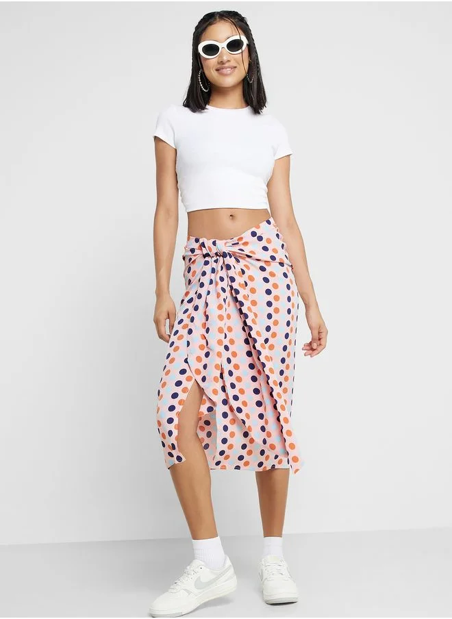 Ginger Polka Dot Knot Detail Wrap Skirt