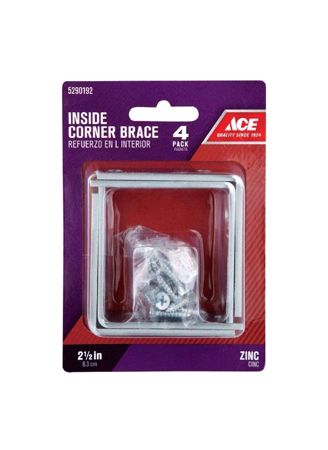 ACE 4-Piece Zinc Finish Inside L Corner Brace Silver 2.5 x 5/8 Inch 5290192 