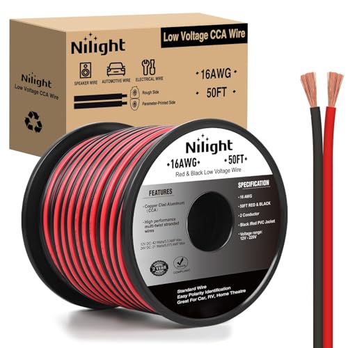 Nilight 50FT 16AWG Copper Clad Aluminum Wire 162 Gauge Red Black CCA Electrical Cable 2 Conductor Parallel 12V24V DC Flexible Extension Cords for Car Audio Radio Speaker Amplifier - Image 1