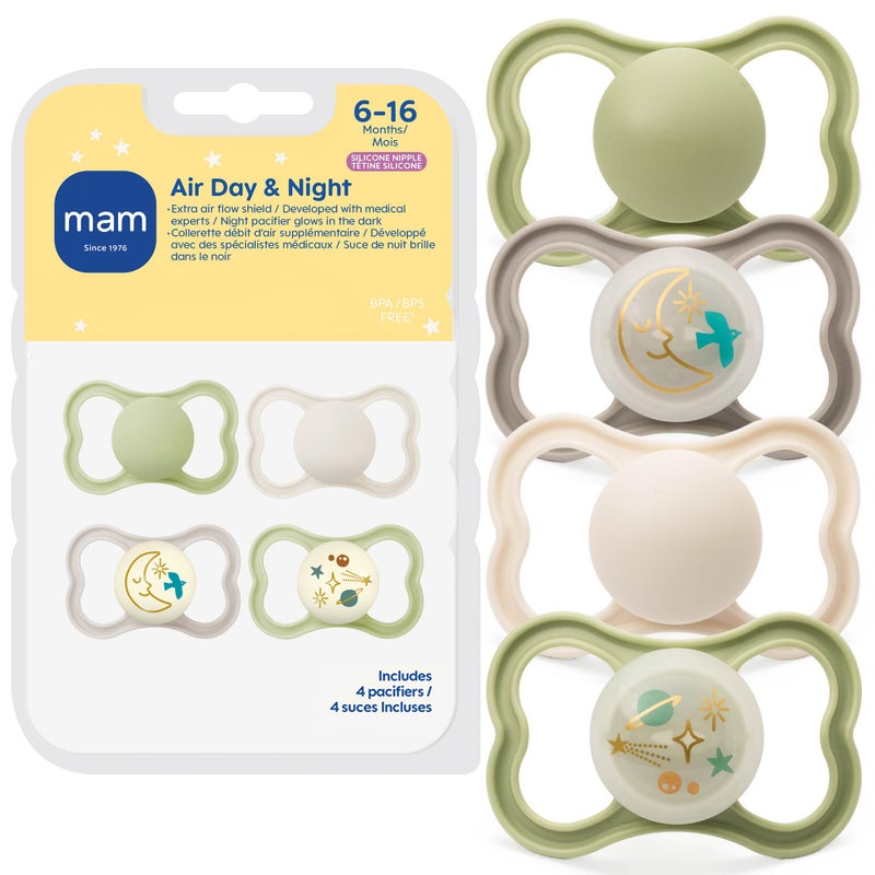 MAM Air Pacifier for Babies 6-16 Months, Extra Air Flow for Sensitive Skin, Glows in The Dark, Developed with Medical Experts, BPA-Free Skin Soft Silicone, 4 Count, Made in Europe - Image 1