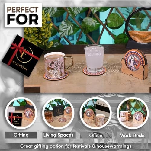 Exclusivish Madhubani Traditional Peacock Wooden Coaster Set of 6 with Holder & Box – Dining Table Accessories | Indian Handicraft | Diwali Gifts for Family and Friends - Image 4