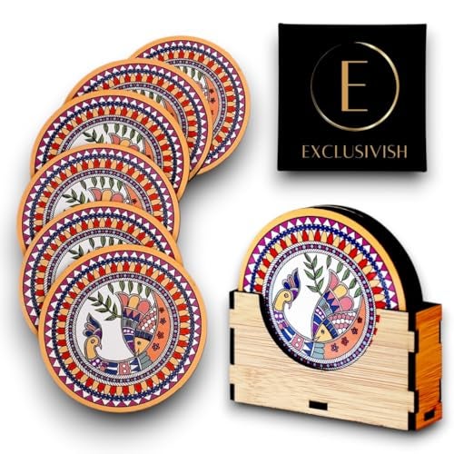 Exclusivish Madhubani Traditional Peacock Wooden Coaster Set of 6 with Holder & Box – Dining Table Accessories | Indian Handicraft | Diwali Gifts for Family and Friends - Image 1