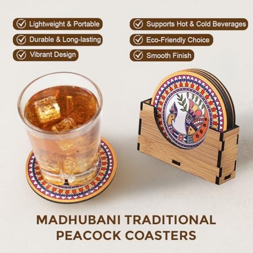 Exclusivish Madhubani Traditional Peacock Wooden Coaster Set of 6 with Holder & Box – Dining Table Accessories | Indian Handicraft | Diwali Gifts for Family and Friends - Image 3