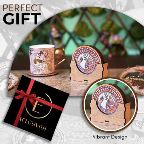 Exclusivish Madhubani Traditional Peacock Wooden Coaster Set of 6 with Holder & Box – Dining Table Accessories | Indian Handicraft | Diwali Gifts for Family and Friends - Image 2