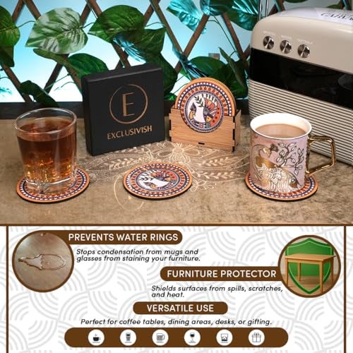 Exclusivish Madhubani Traditional Peacock Wooden Coaster Set of 6 with Holder & Box – Dining Table Accessories | Indian Handicraft | Diwali Gifts for Family and Friends - Image 5