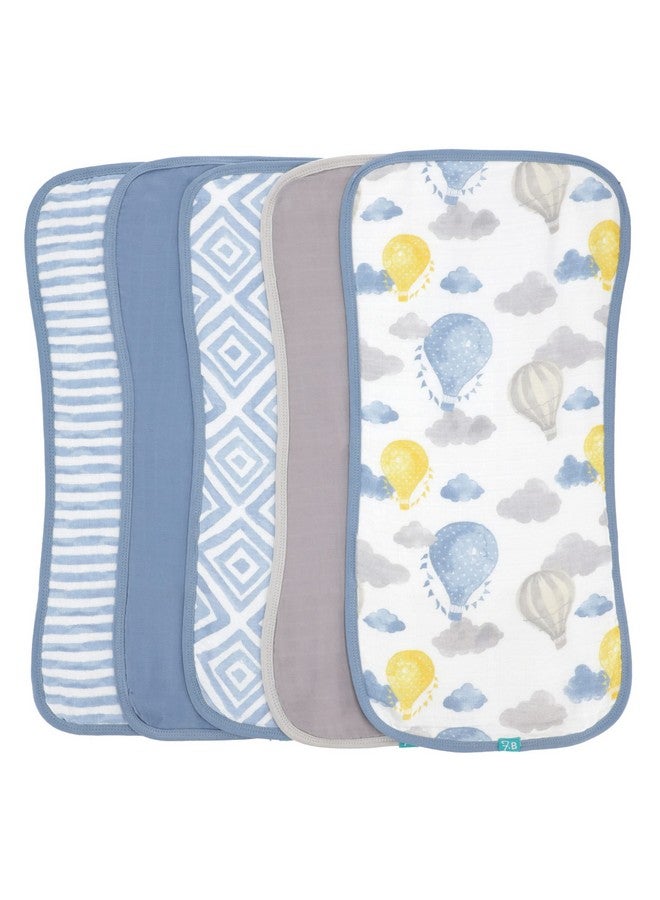 Featherhead™ 5-Pack Muslin Burp Cloths for Baby Boy Large 22" X 11" - Ultra Soft & Extra Absorbent Cotton Terry Backing (Blue Balloons) - Image 1