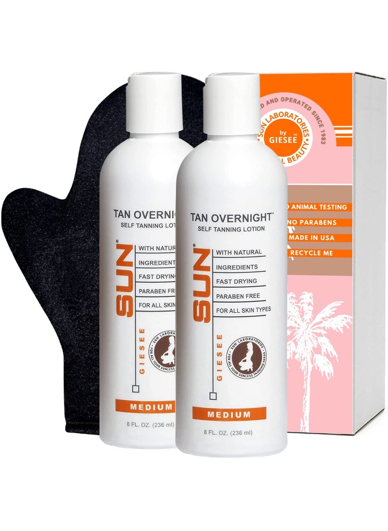 Sun Laboratories by Giesee Sun Laboratories By Giesee Tan Overnight Sunless Tanning Lotion 8 oz Two Pack With Tanning Mitt  Self Tanning Lotion Self Tanner Organic Waterproof Travel Size Instant Tan Pregnancy Safe 