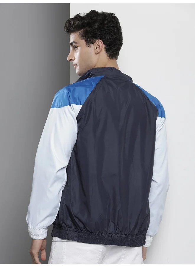 ذا انديان كراج كو Men Navy Blue Regular Fit Zipper Pockets Color Block Jacket
