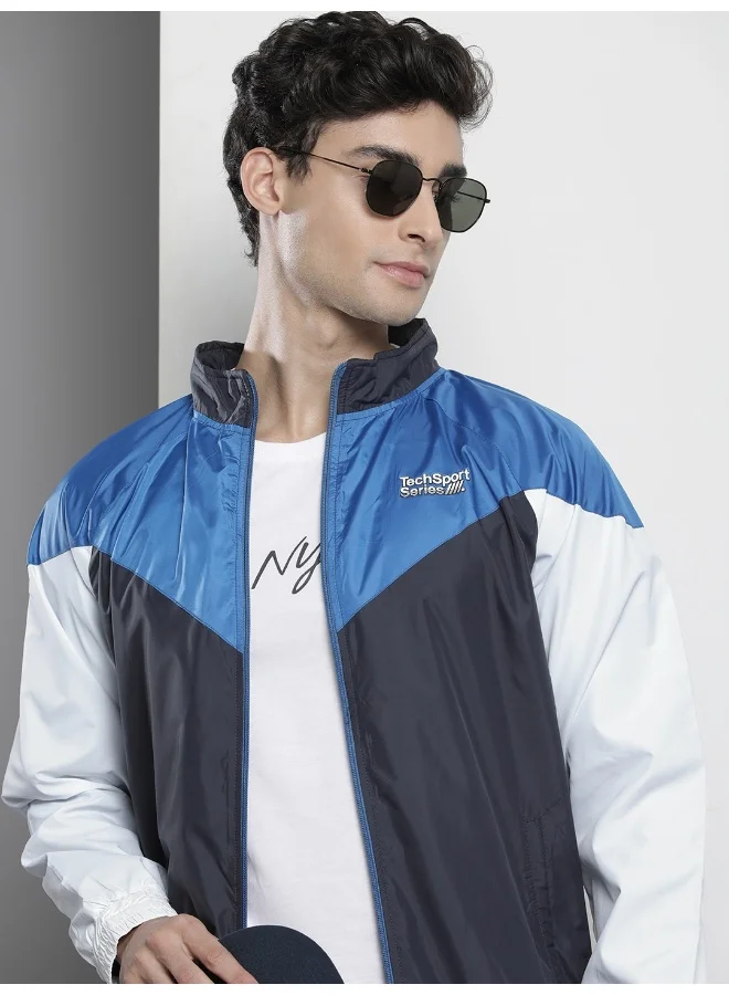 ذا انديان كراج كو Men Navy Blue Regular Fit Zipper Pockets Color Block Jacket