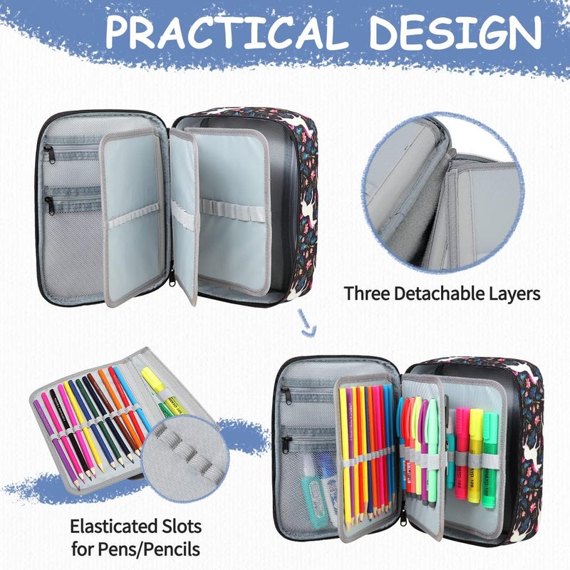 Vaschy Large Pencil Case, Pencil Case with 3 Detachable Layers Multiple Zipper Pockets for School Office Stationary Organization, Black Unicorn, G - Image 2