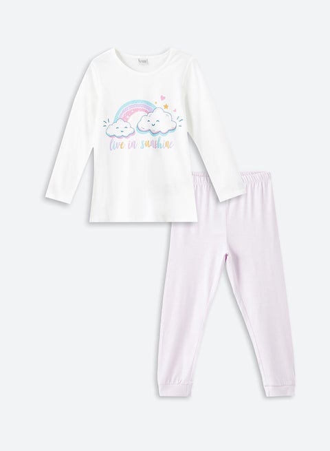 طقم بيجامة بناتي برقبة مستديرة