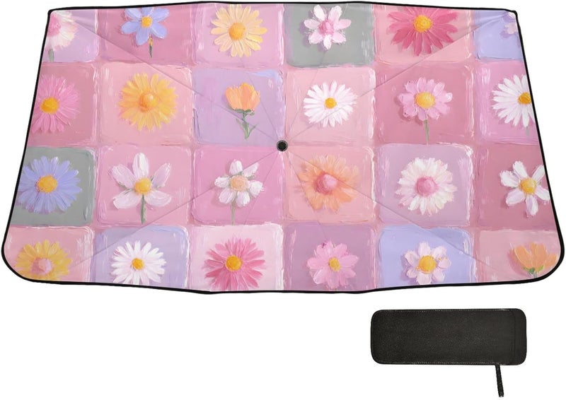 Windshield Sun Shade Umbrella Flower Texture Colors – Fashion Design, Protect Car from Sun & Heat Damage, Easy Store, Universal Fit 55” x 27.5” - Image 1