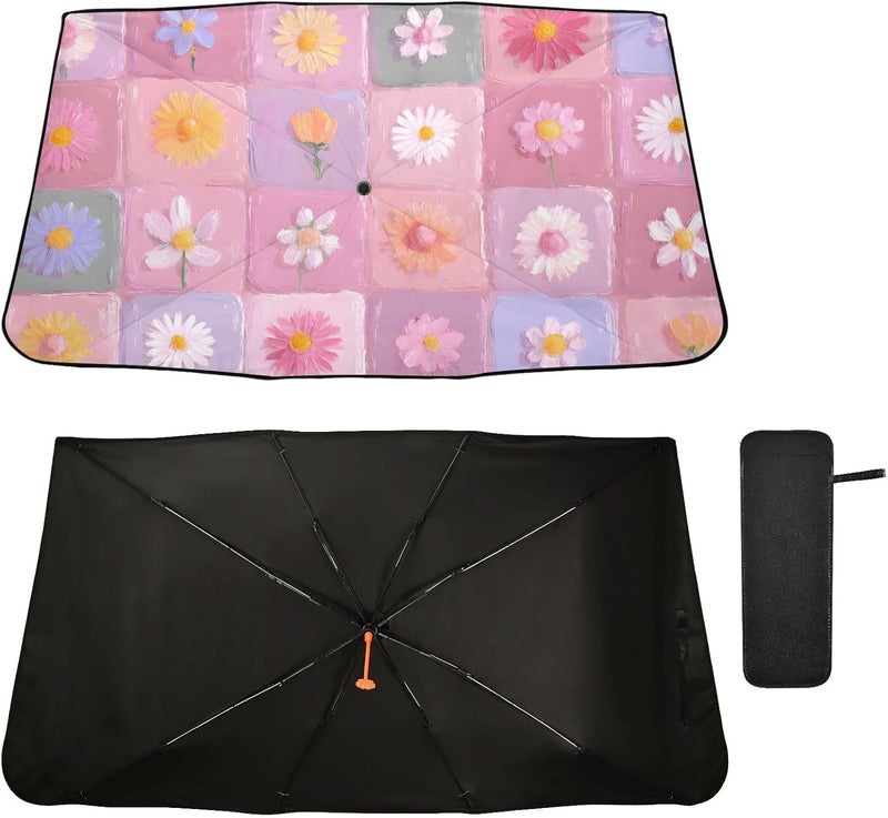 Windshield Sun Shade Umbrella Flower Texture Colors – Fashion Design, Protect Car from Sun & Heat Damage, Easy Store, Universal Fit 55” x 27.5” - Image 2