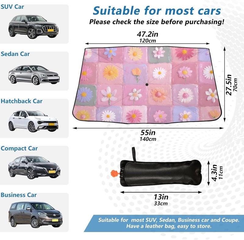 Windshield Sun Shade Umbrella Flower Texture Colors – Fashion Design, Protect Car from Sun & Heat Damage, Easy Store, Universal Fit 55” x 27.5” - Image 3