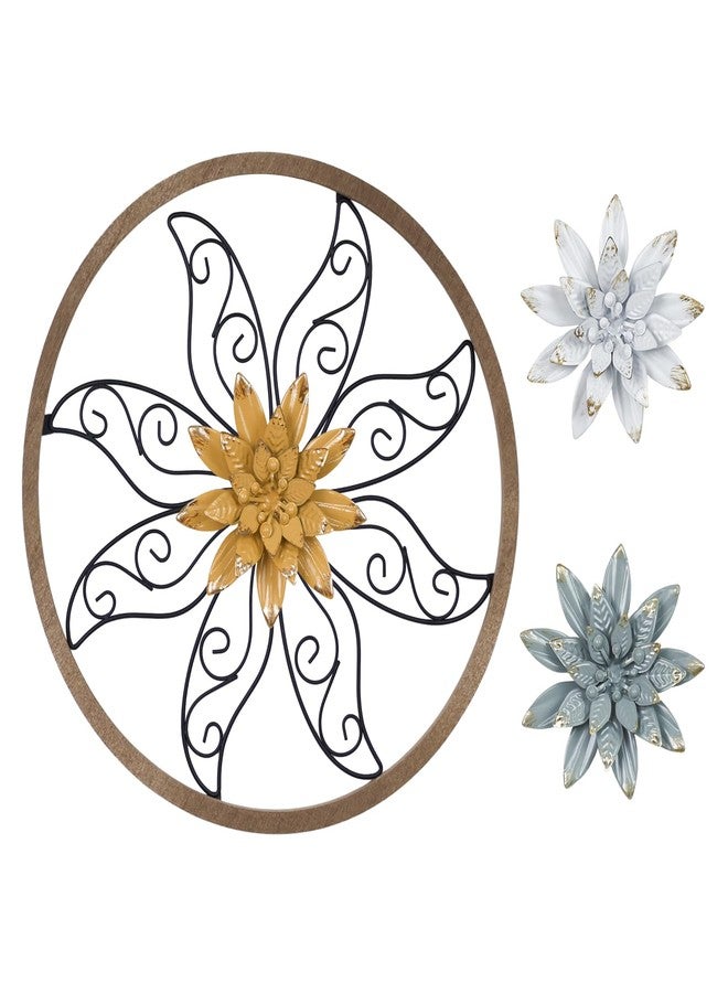 hogardeck Metal Flower Wall Decor - 11" Metal Wood Floral with 3 pcs Interchangeable Flowers Wall Decoration for Bedroom, Living Room, Bathroom, Kitchen, Outdoor Wall Art - Image 1