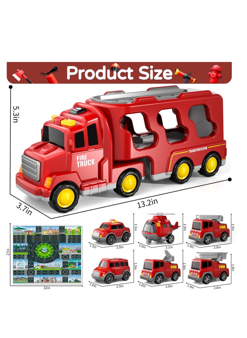 Excefore - Fire Toys for 3 4 5 6 Years Old Boys Girls - 7 in 1 Carrier Truck Transport for Toddlers 1-3, Friction Power Vehicles for Kids 3-5, Birthday Gifts for Boys & Girls 3-5 Years Old - Image 1