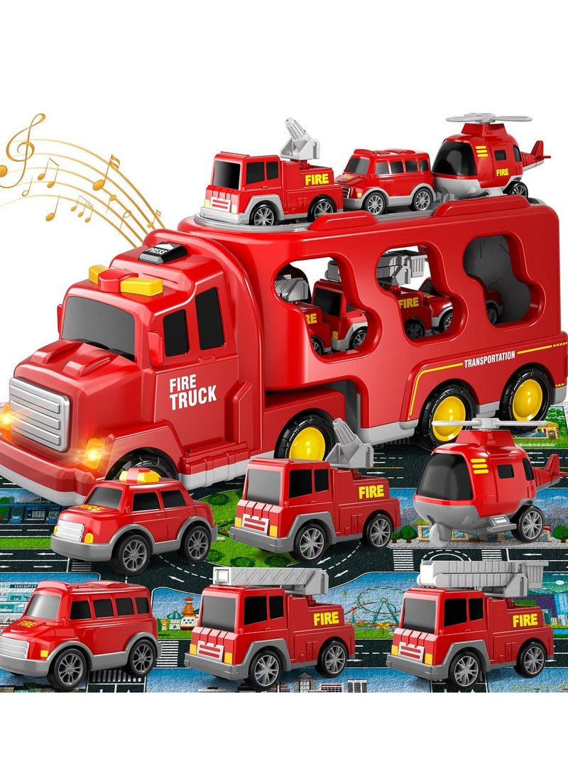 Excefore - Fire Toys for 3 4 5 6 Years Old Boys Girls - 7 in 1 Carrier Truck Transport for Toddlers 1-3, Friction Power Vehicles for Kids 3-5, Birthday Gifts for Boys & Girls 3-5 Years Old - Image 1