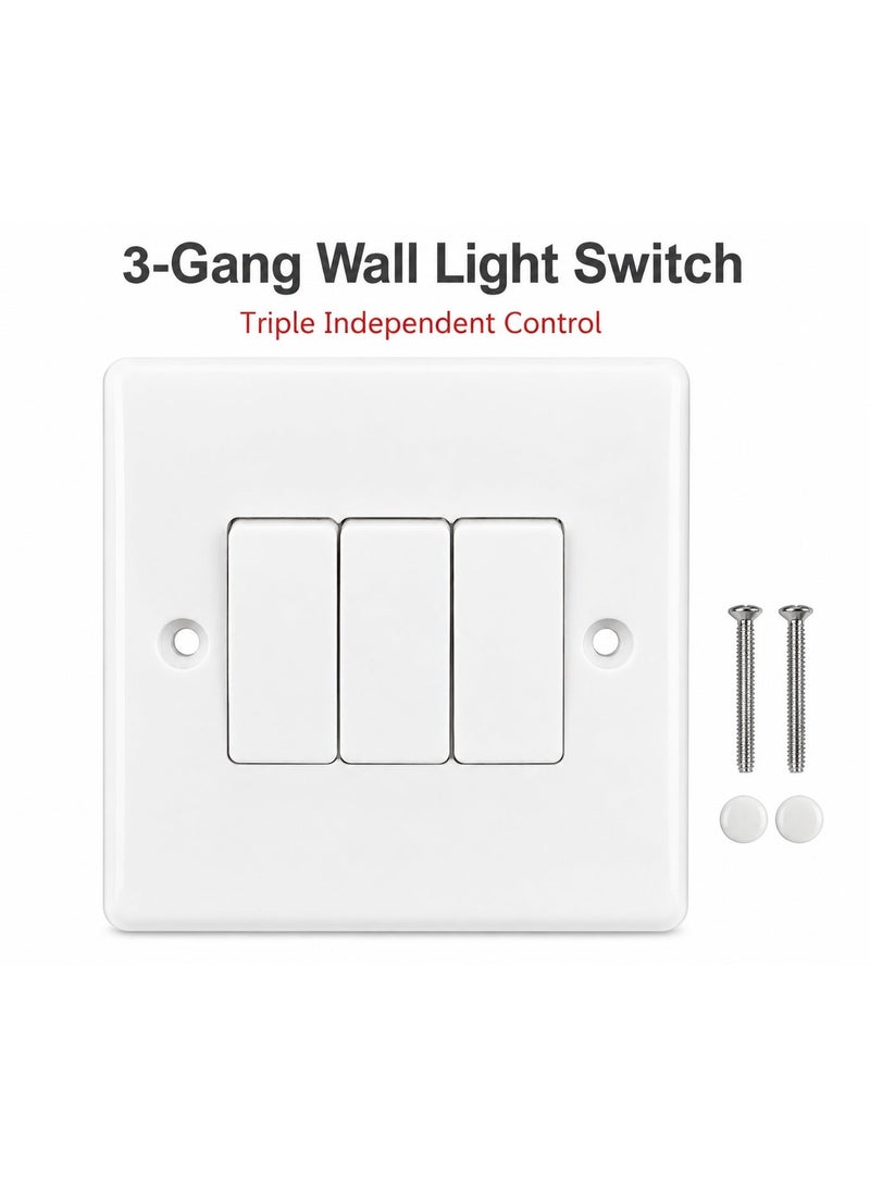 ADMORE 3 Gang 1 Way Wall Light Switch, White Triple Rocker On/Off Switch, 16A 250V Flush-Mount Electrical Switch Plate for Home, Office, Bedroom, Kitchen, Hallway and Shop - Image 1