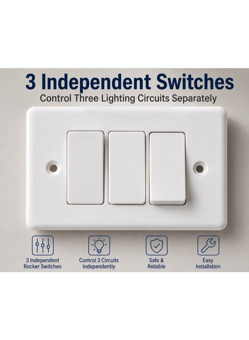 ADMORE 3 Gang 1 Way Wall Light Switch, White Triple Rocker On/Off Switch, 16A 250V Flush-Mount Electrical Switch Plate for Home, Office, Bedroom, Kitchen, Hallway and Shop - Image 3