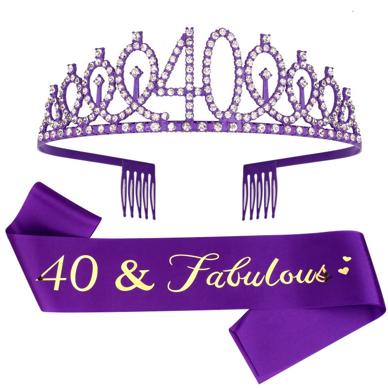 CIEHER Purple 40th Birthday Celebration Kit - 40th Birthday Sash and Tiara Set, Party Favors, Decorations and Cake Topper - Image 1