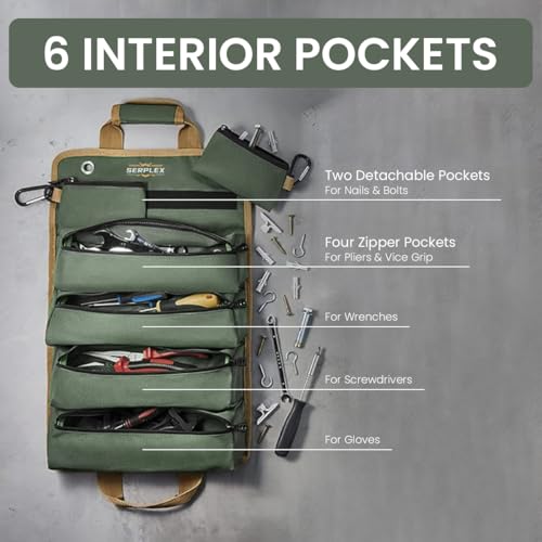Serplex® 900D Tool Bag Portable Roll Up Tool Bag with Handle & Shoulder Strap Multi Compartment Tools with Detachable Zipper Pouch,Multi-Purpose Organizer for Technicians/Mechanics(No Tools) - Image 2