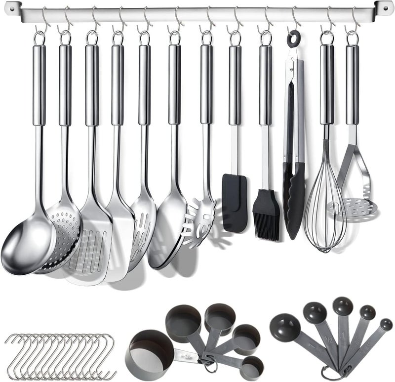 Berglander Kitchen Utensils Set 38 Pieces Stainless Steel Cooking Utensils Set Kitchen Gadgets Cookware Kitchen Tool Set with Utensil Holder Rack And Hooks For Hanging Dishwasher Safe - Image 1