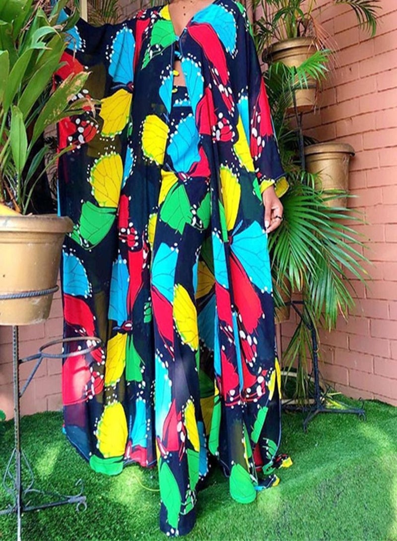 Loquat Chiffon Cardigan Loose Oversized Trousers Two-Piece Suit Abaya Multicolour