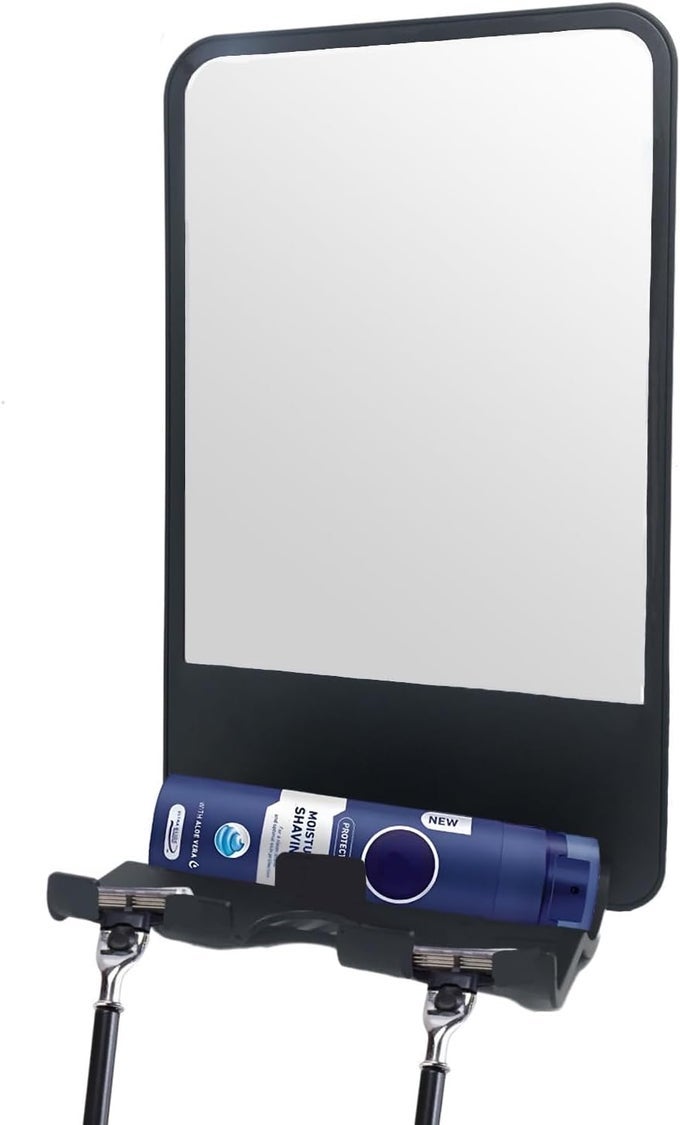 SHOWER MIRROR FOR SHAVING FOGLESS WITH MULTIFUNCTIONAL STORAGE FOR RAZOR AND SHAVING FOAM CANISTER,ADJUSTABLE ANGLE MIRROR (BLACK)