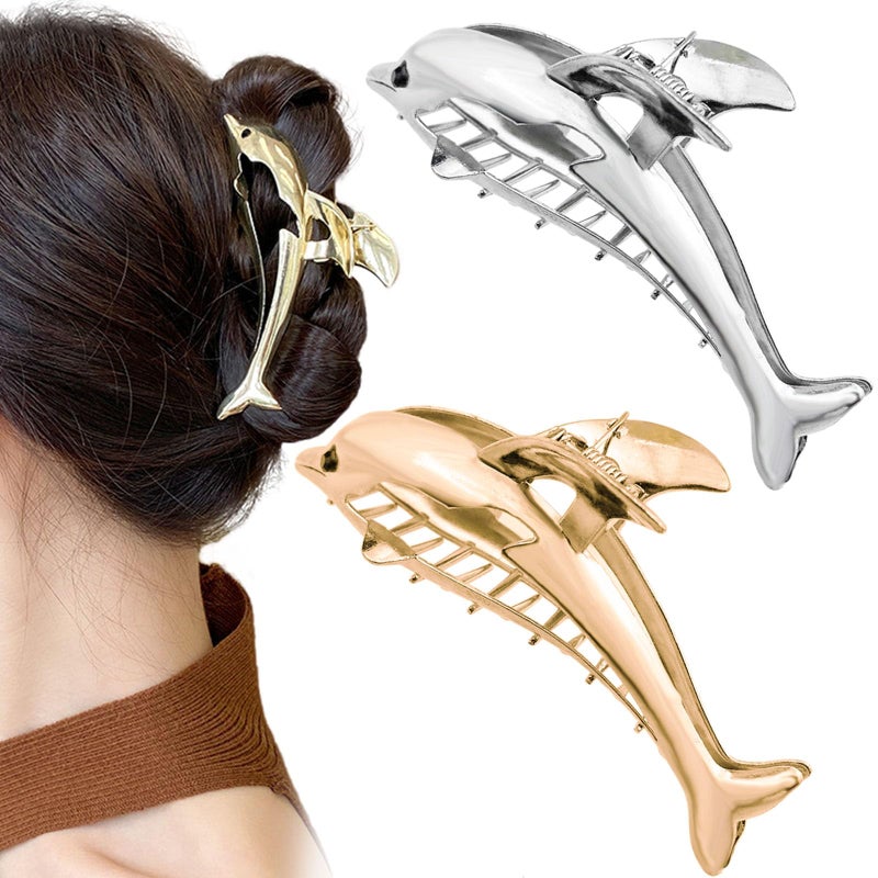 2 PCS Dolphin Hair Claw Clips for Women Metal Claw Clips for Thick Hair Elegant Barrettes Strong Hold Hair Clamps Non Slip Hair Catch Jaw