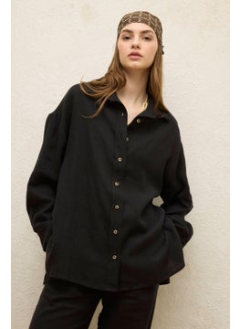 Manuka Linen Oversized Button Down Shirt Black  - Image 1