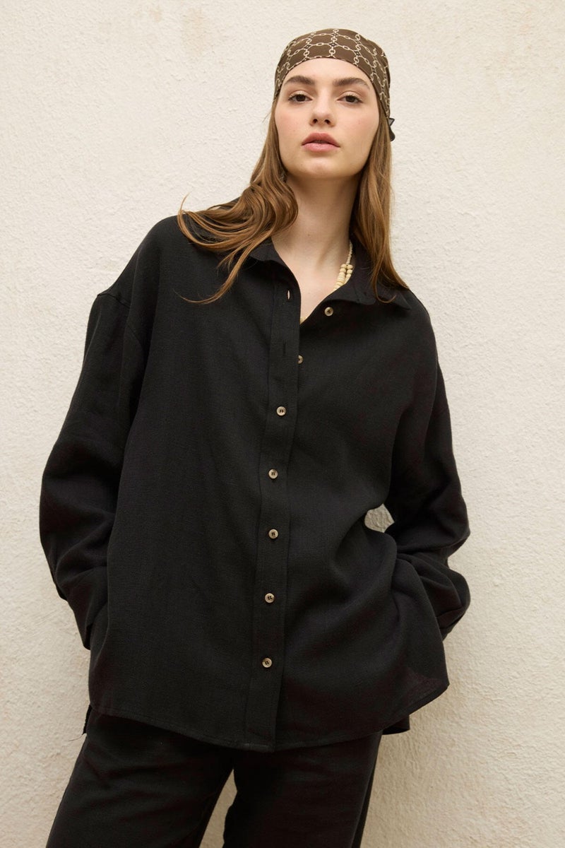 Manuka Linen Oversized Button Down Shirt Black  - Image 1
