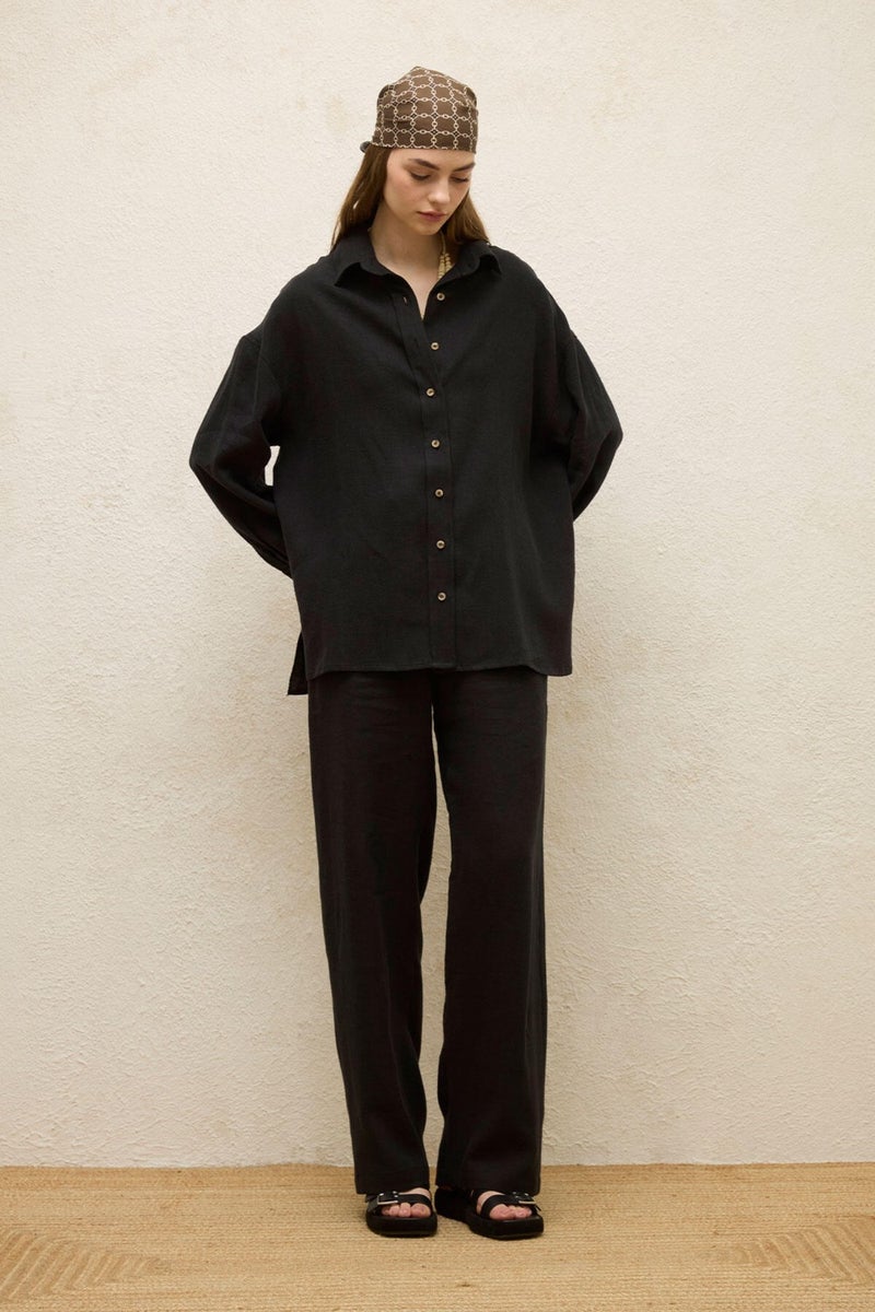 Manuka Linen Oversized Button Down Shirt Black  - Image 3