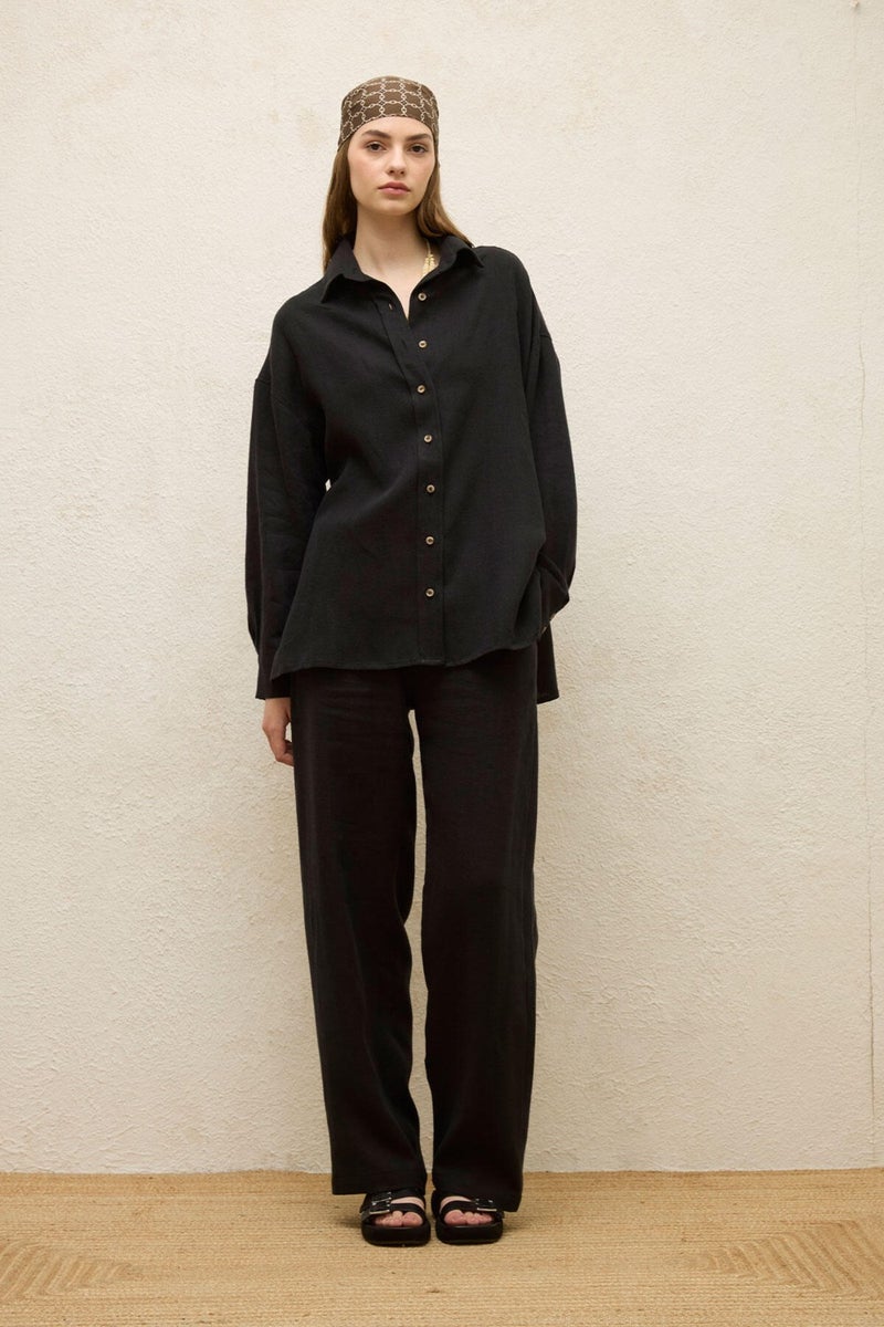 Manuka Linen Oversized Button Down Shirt Black  - Image 2
