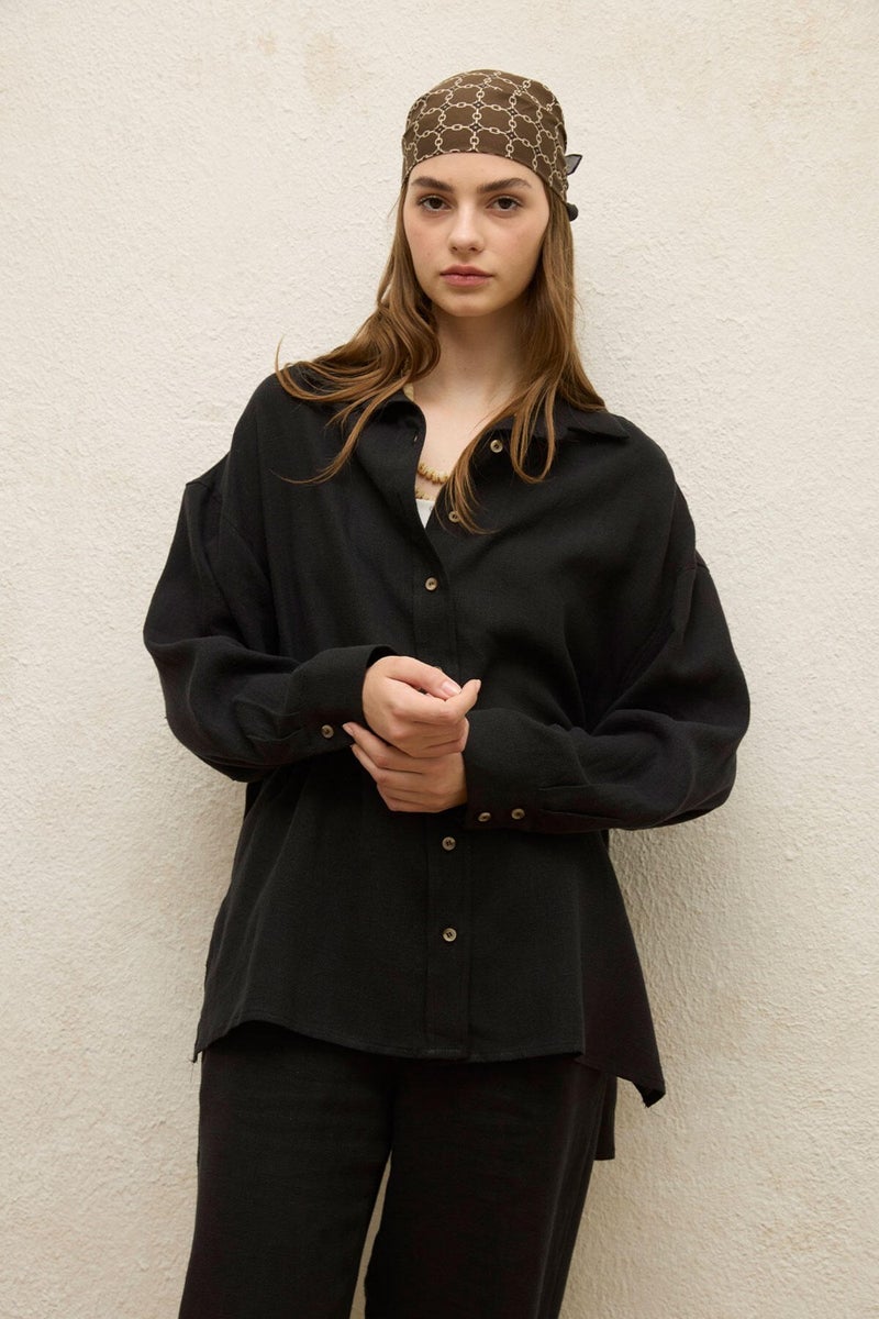 Manuka Linen Oversized Button Down Shirt Black  - Image 4