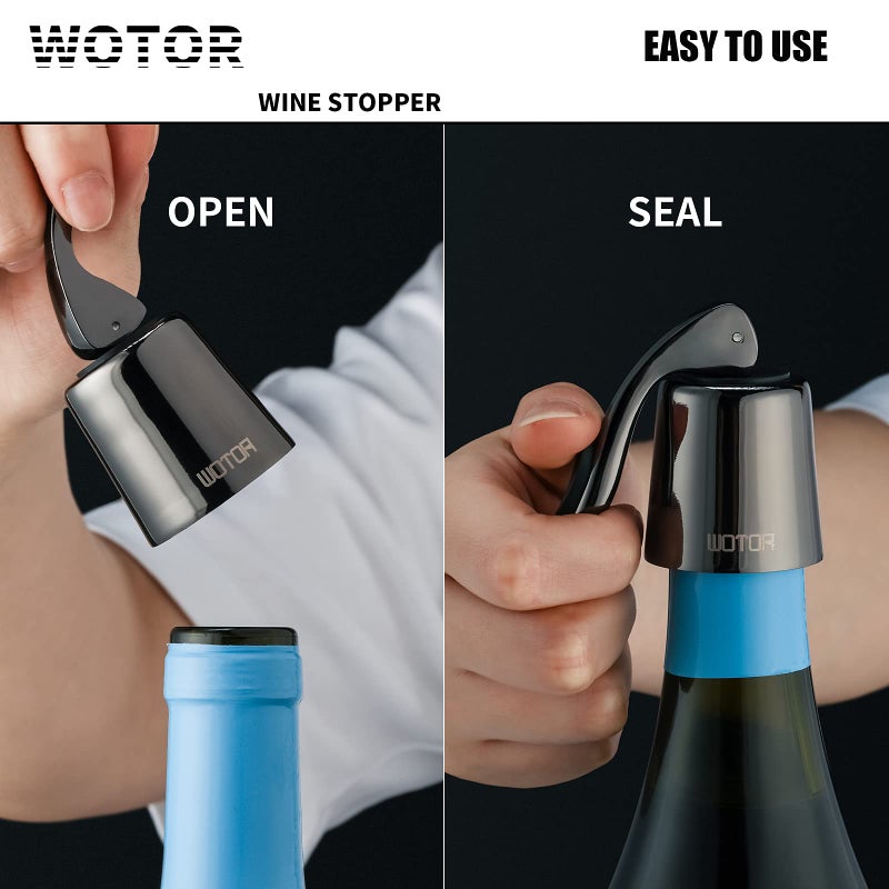 WOTOR Wine Stoppers Stainless Steel Wine Bottle stopper Plug with Silicone Reusable Wine Saver Leak proof Keep Fresh Metalblack 3 Pack - Image 5