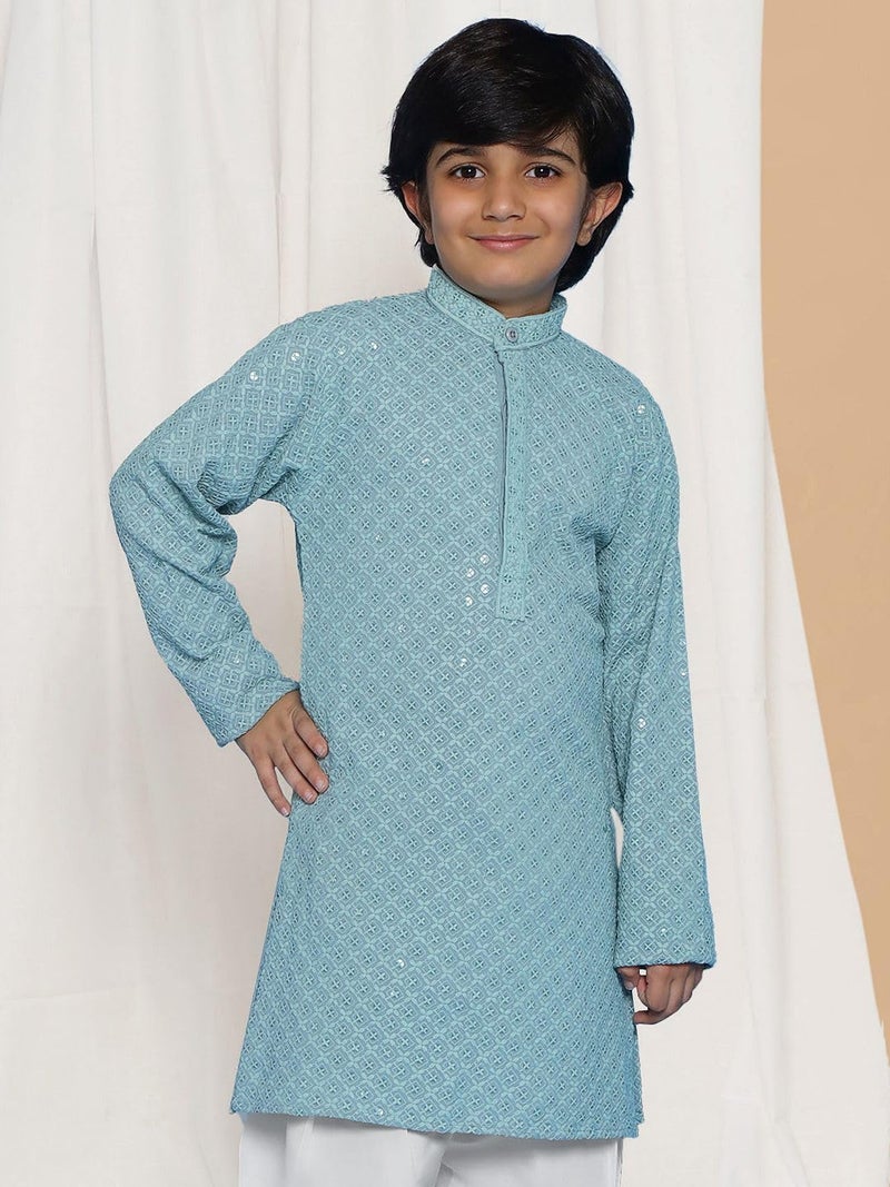 AJ DEZINES Kids Cotton Full Sleeve Sequined Powder Blue Kurta for Boys - Ethnic wear | Special Occasion & Party Outfit | Chikankari Kurta for boys - Regular Fit - Image 2