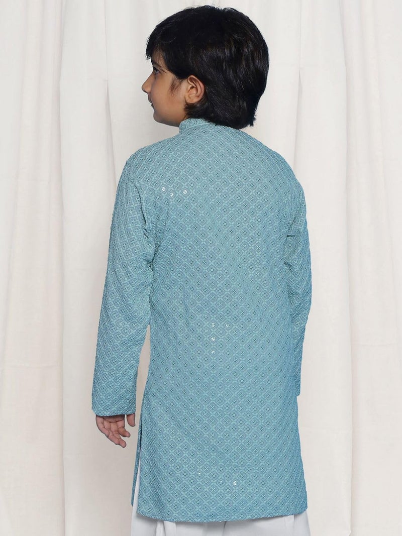 AJ DEZINES Kids Cotton Full Sleeve Sequined Powder Blue Kurta for Boys - Ethnic wear | Special Occasion & Party Outfit | Chikankari Kurta for boys - Regular Fit - Image 3