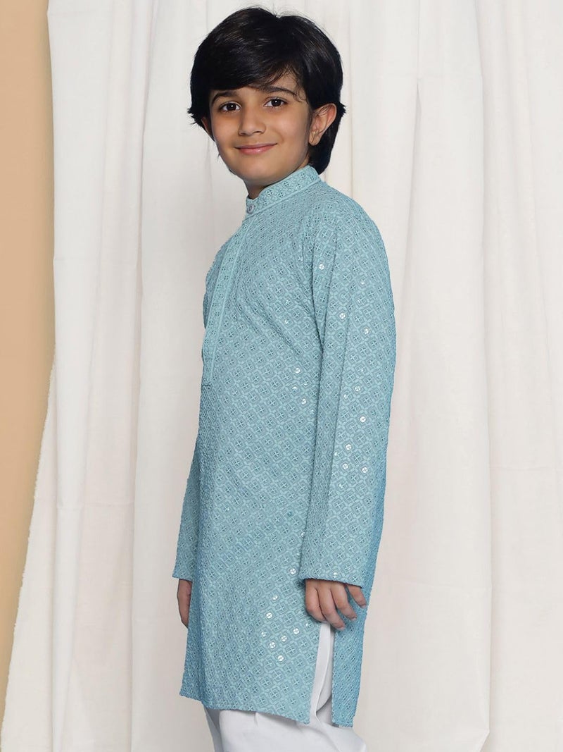 AJ DEZINES Kids Cotton Full Sleeve Sequined Powder Blue Kurta for Boys - Ethnic wear | Special Occasion & Party Outfit | Chikankari Kurta for boys - Regular Fit - Image 5
