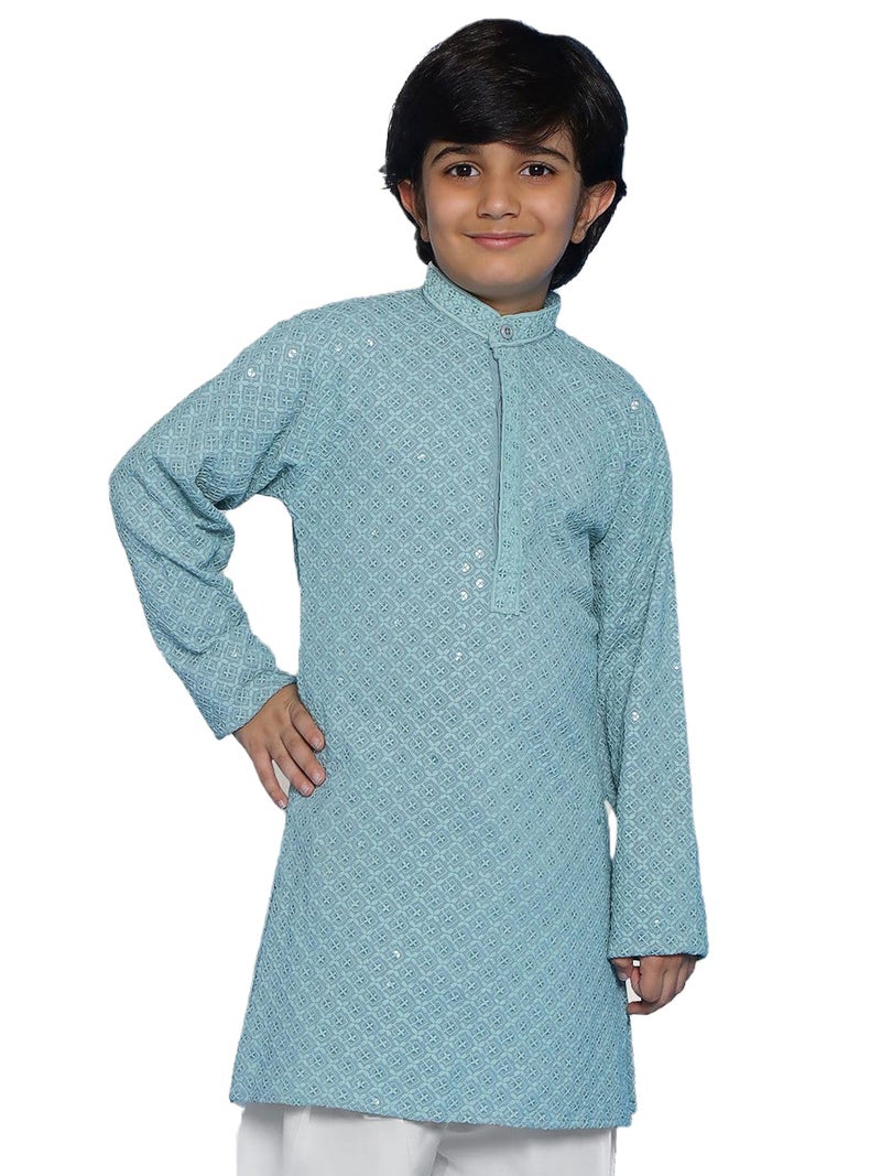 AJ DEZINES Kids Cotton Full Sleeve Sequined Powder Blue Kurta for Boys - Ethnic wear | Special Occasion & Party Outfit | Chikankari Kurta for boys - Regular Fit - Image 1