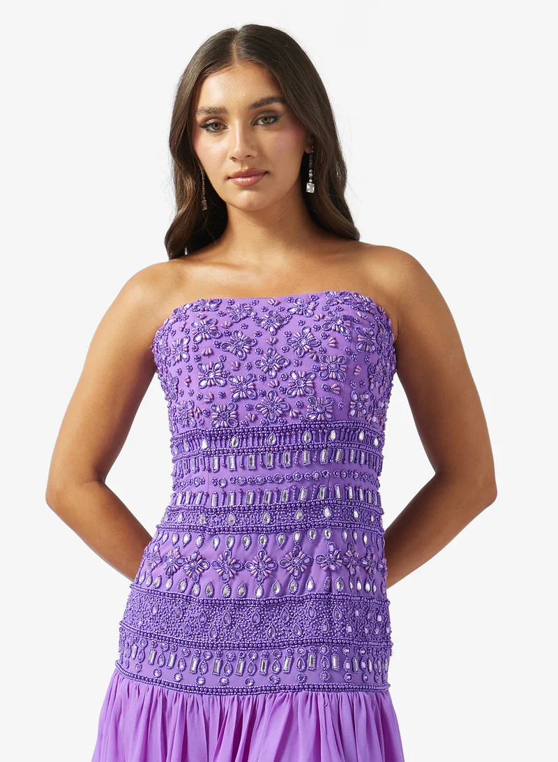 Namshi x  Bandeau Bead Embellished Drop Waist Evening Gown for Women | Best Price UAE