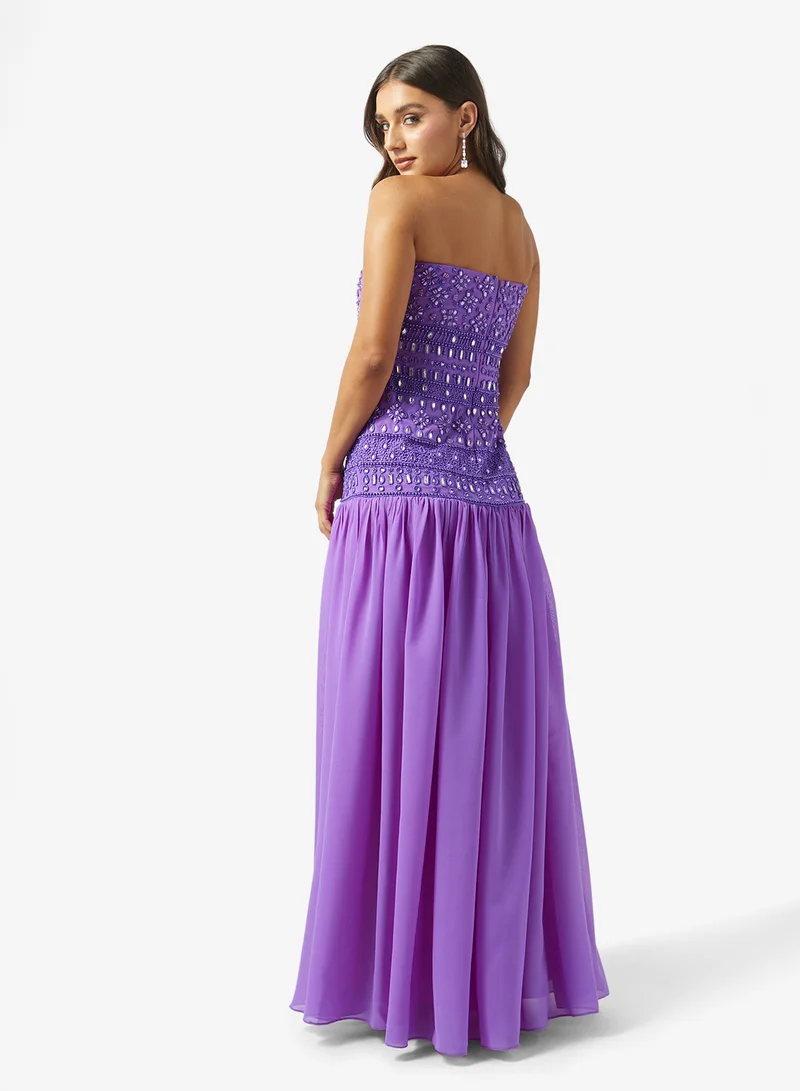 Namshi x Bandeau Bead Embellished Drop Waist Evening Gown