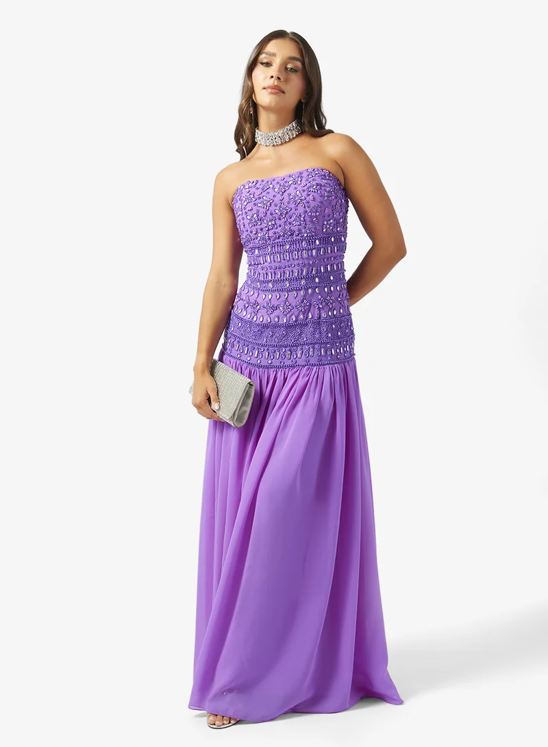 Namshi x  Bandeau Bead Embellished Drop Waist Evening Gown for Women | Best Price UAE