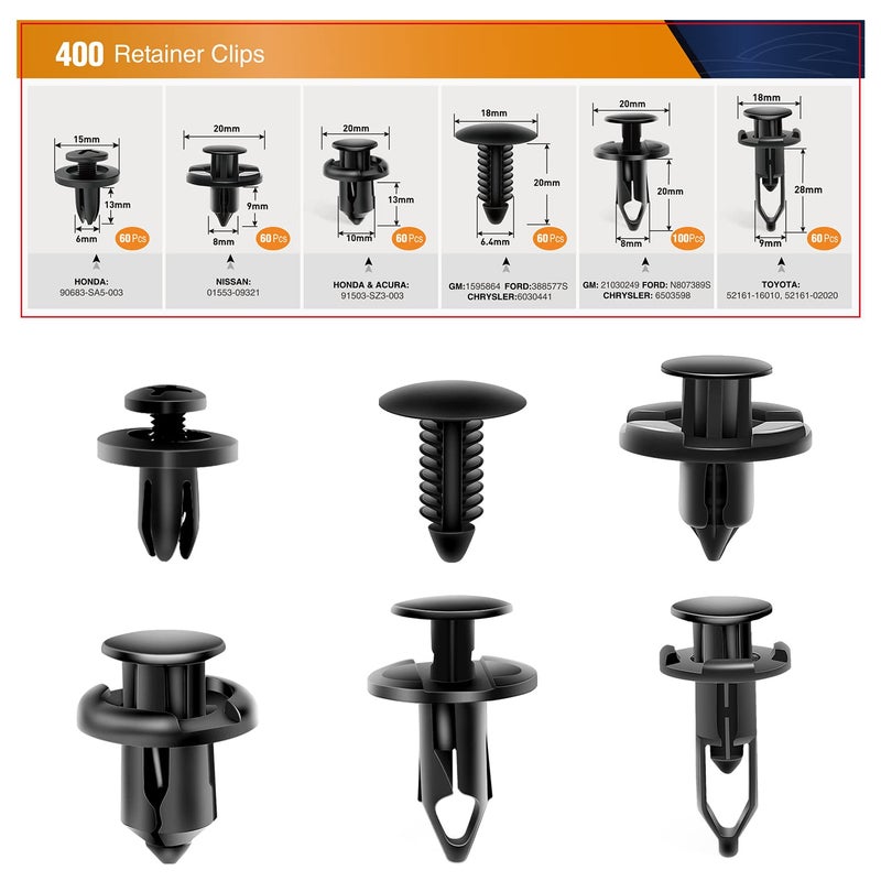 GOOACC 400PCS Universal Plastic Fender Clips, Push Bumper Fastener Rivet Clips Compatible for GM Ford Chrysler Toyota Honda, with 6 Most Popular Sizes - Image 1